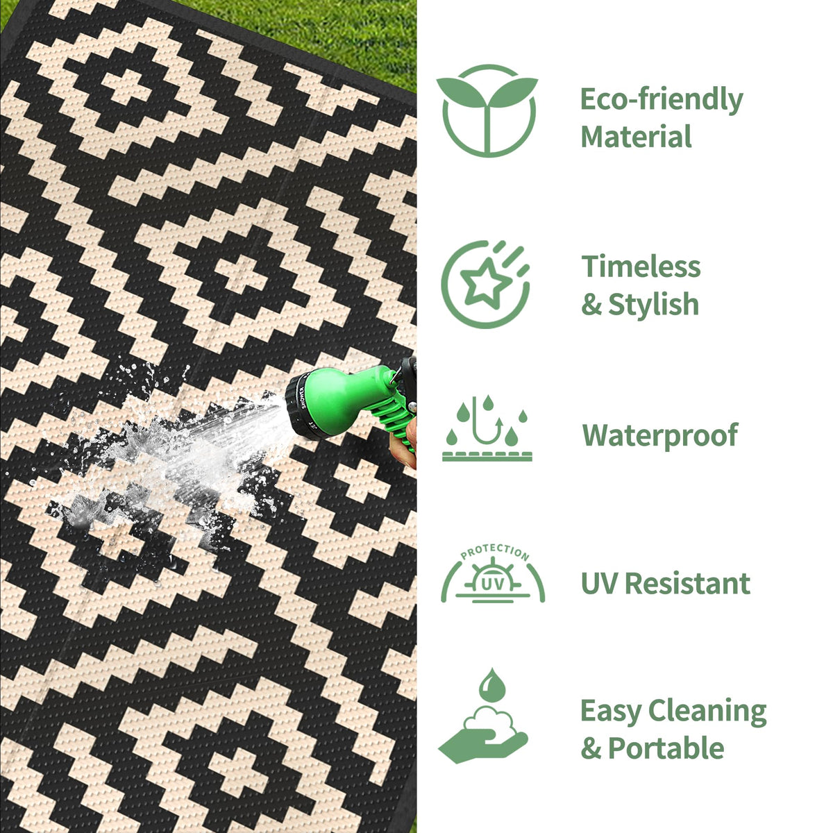 GENIMO rug folds for RV trips and easy storage.