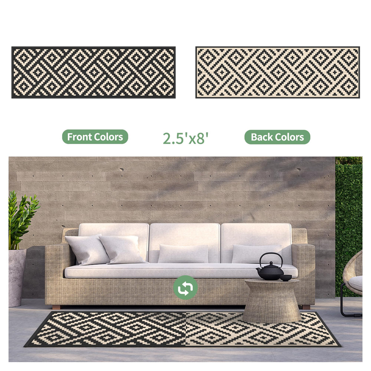 GENIMO rug with quick-clean surface ready to wipe spills after outdoor meals.