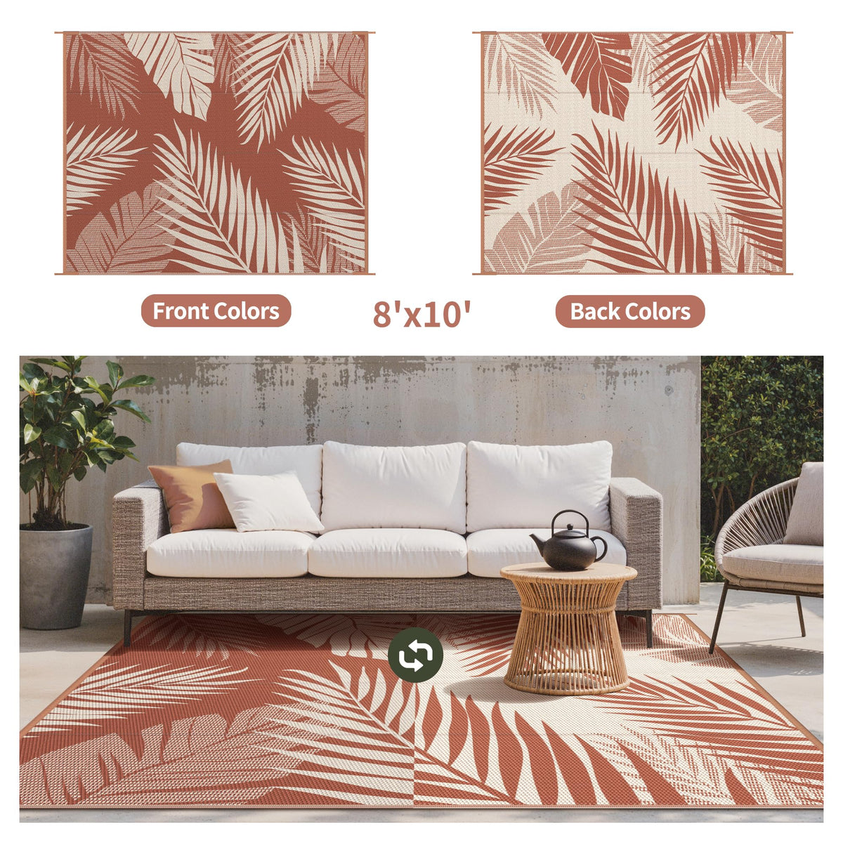 GENIMO outdoor rug double sided palm leaf design for versatile outdoor styling.