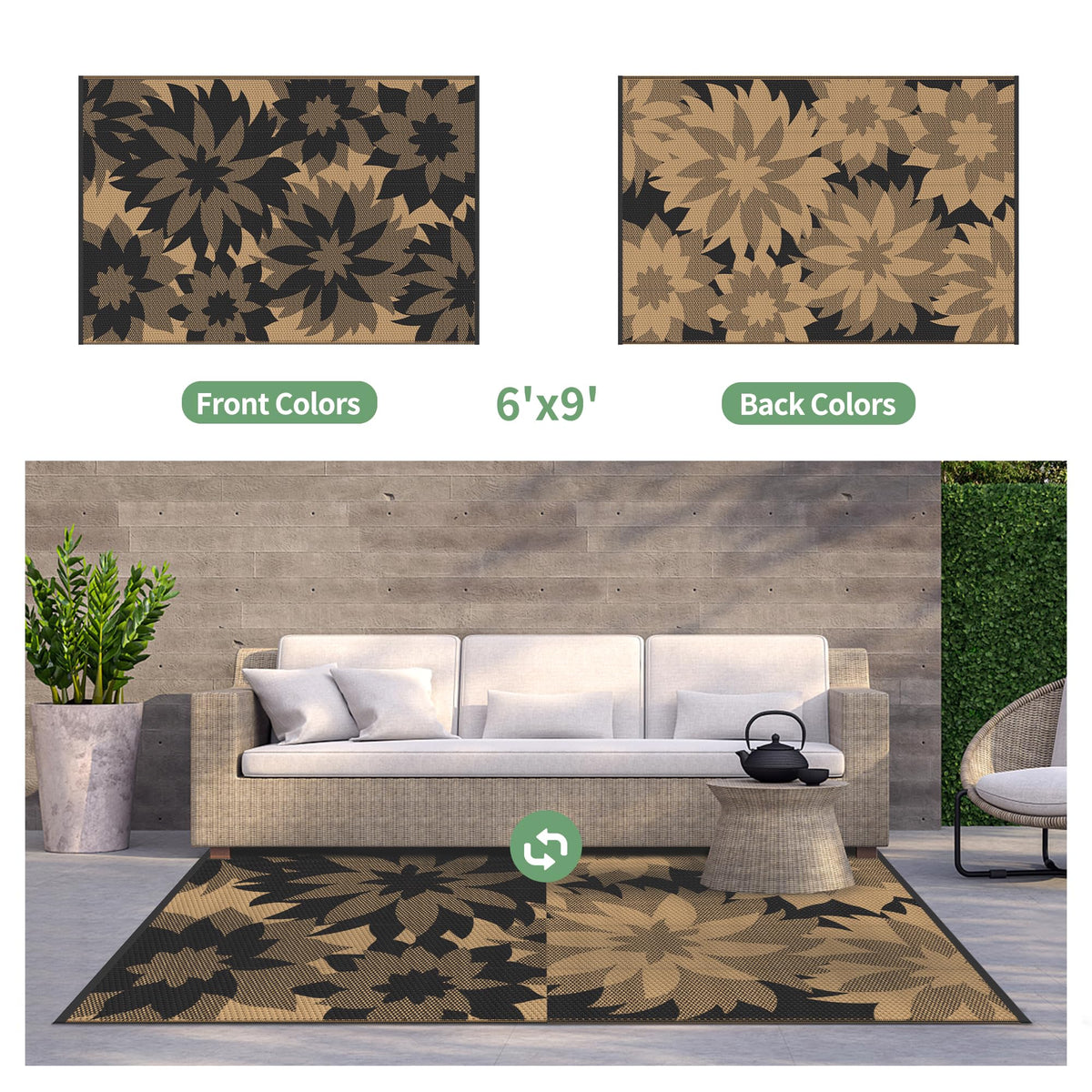 GENIMO reversible design rug in black and brown for patio or camping use.