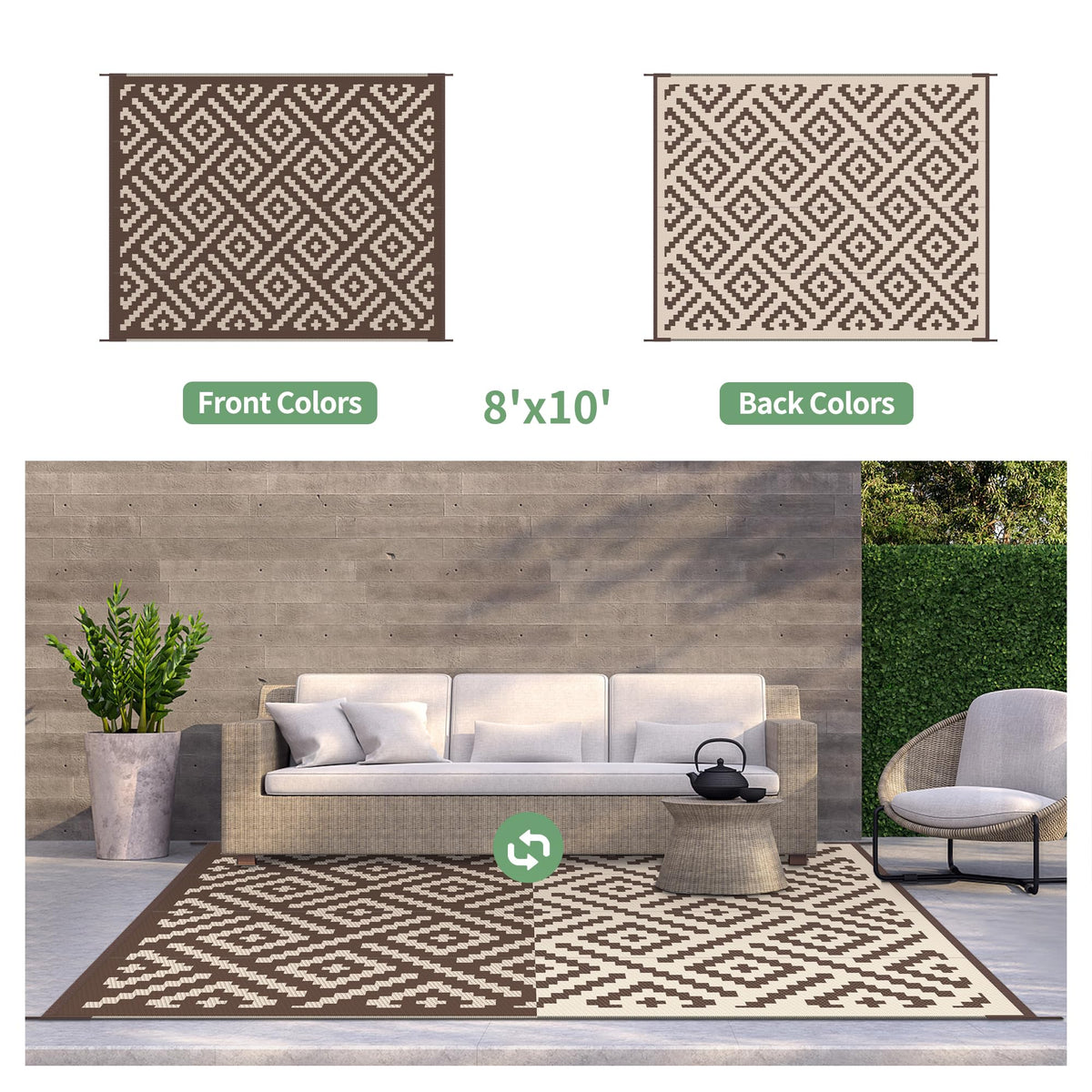 GENIMO reversible rug with geometric patterns for decks or camps.