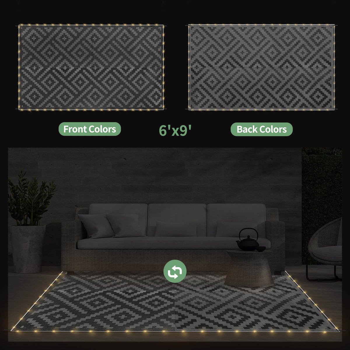 GENIMO reversible-pattern rug offers dual styling for different outdoor settings.