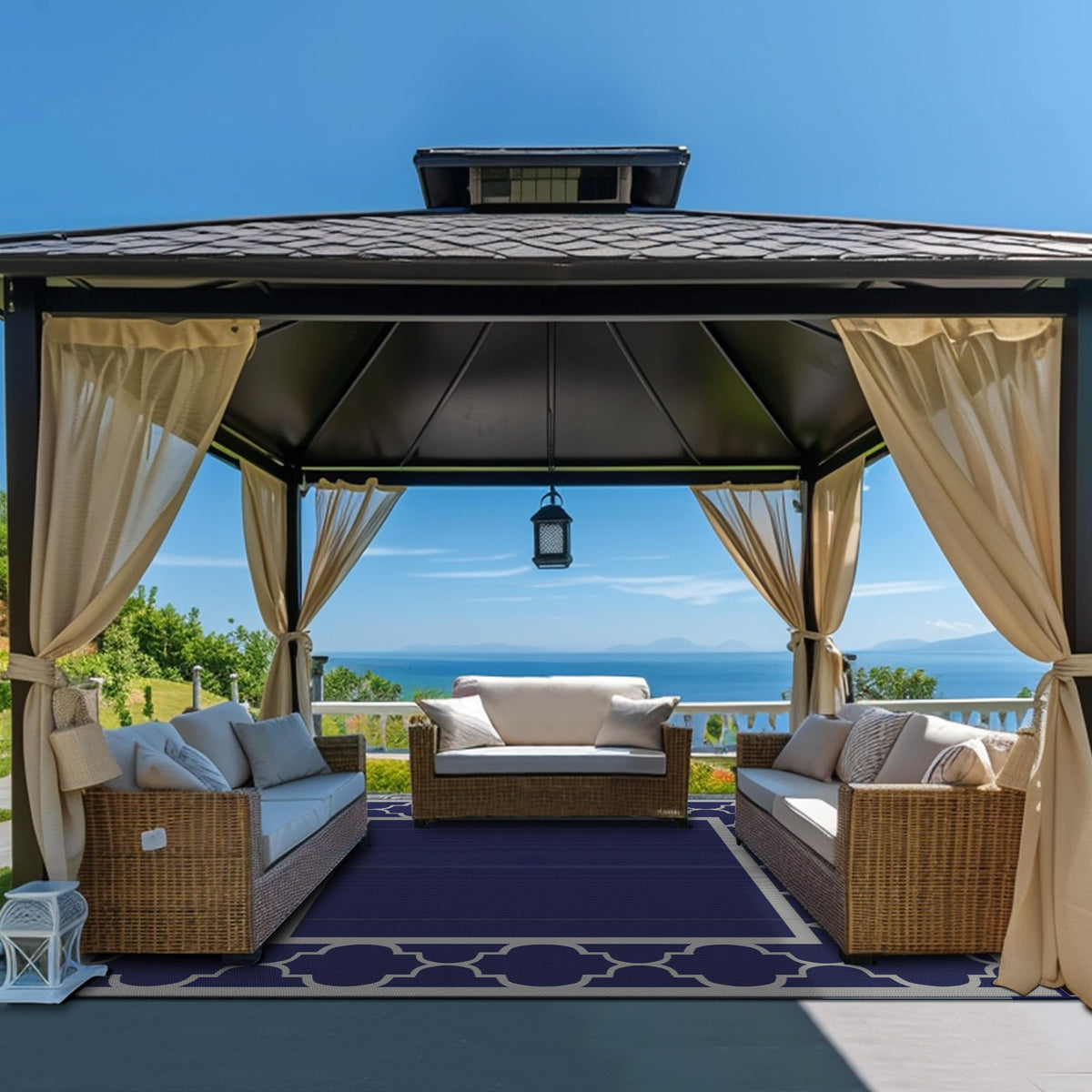 GENIMO reversible pattern rug shown for two looks in outdoor decor