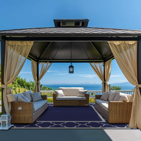 GENIMO reversible pattern rug shown for two looks in outdoor decor