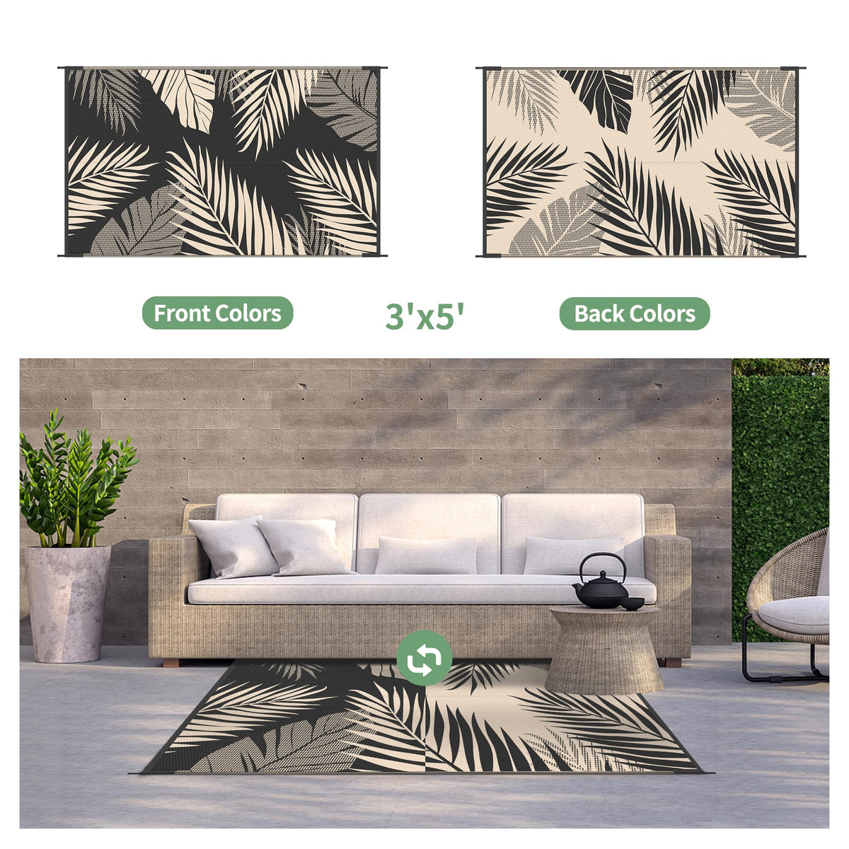 GENIMO outdoor rug reveals a reversible pattern for two looks.
