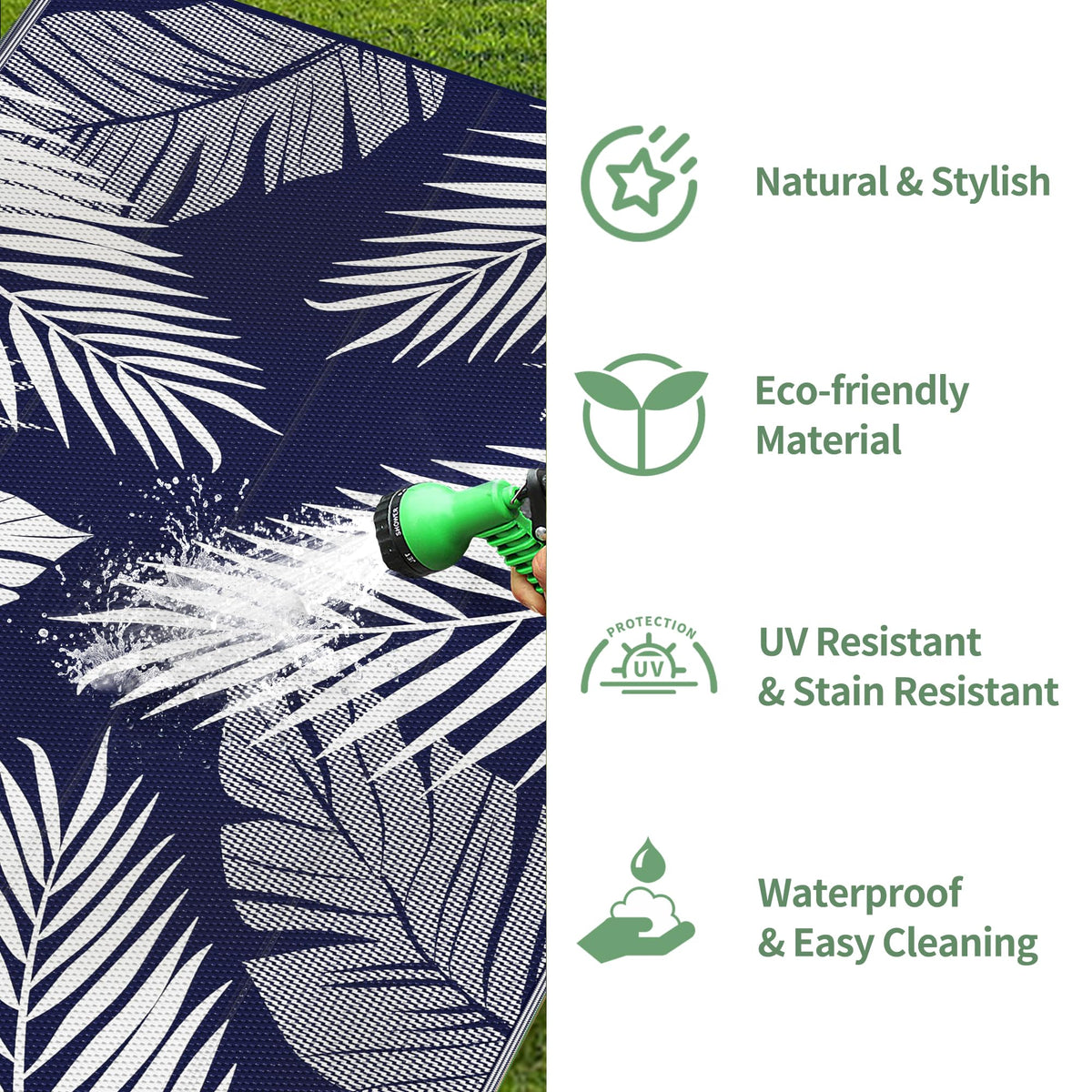 GENIMO rug features corner loops and stakes for secure outdoor setup.