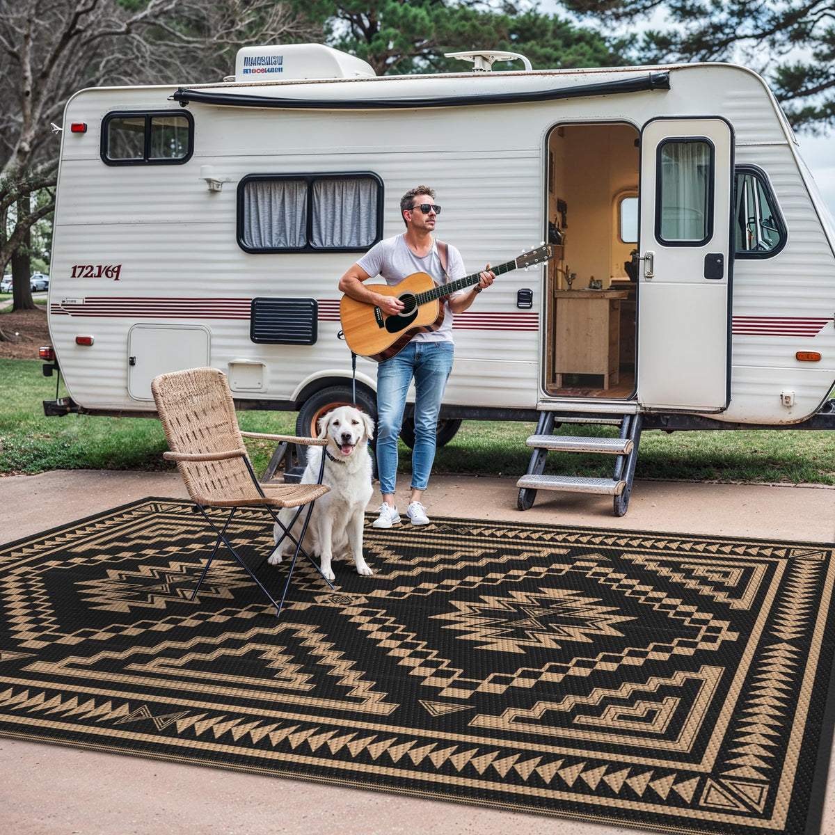 GENIMO outdoor rug ideal for RV camping with lightweight, roll-and-go setup.
