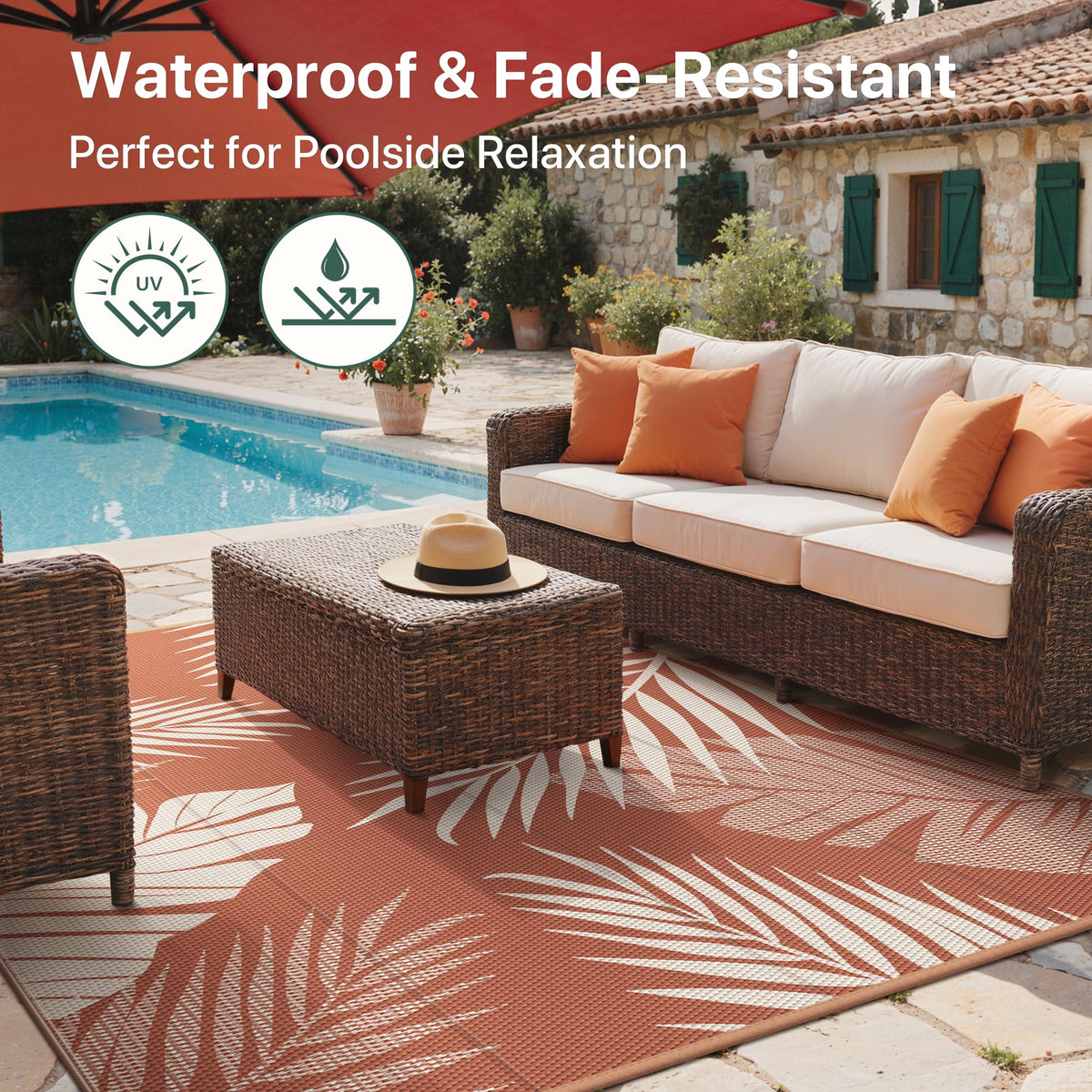 GENIMO outdoor rug portable for RV trips with included carry bag.
