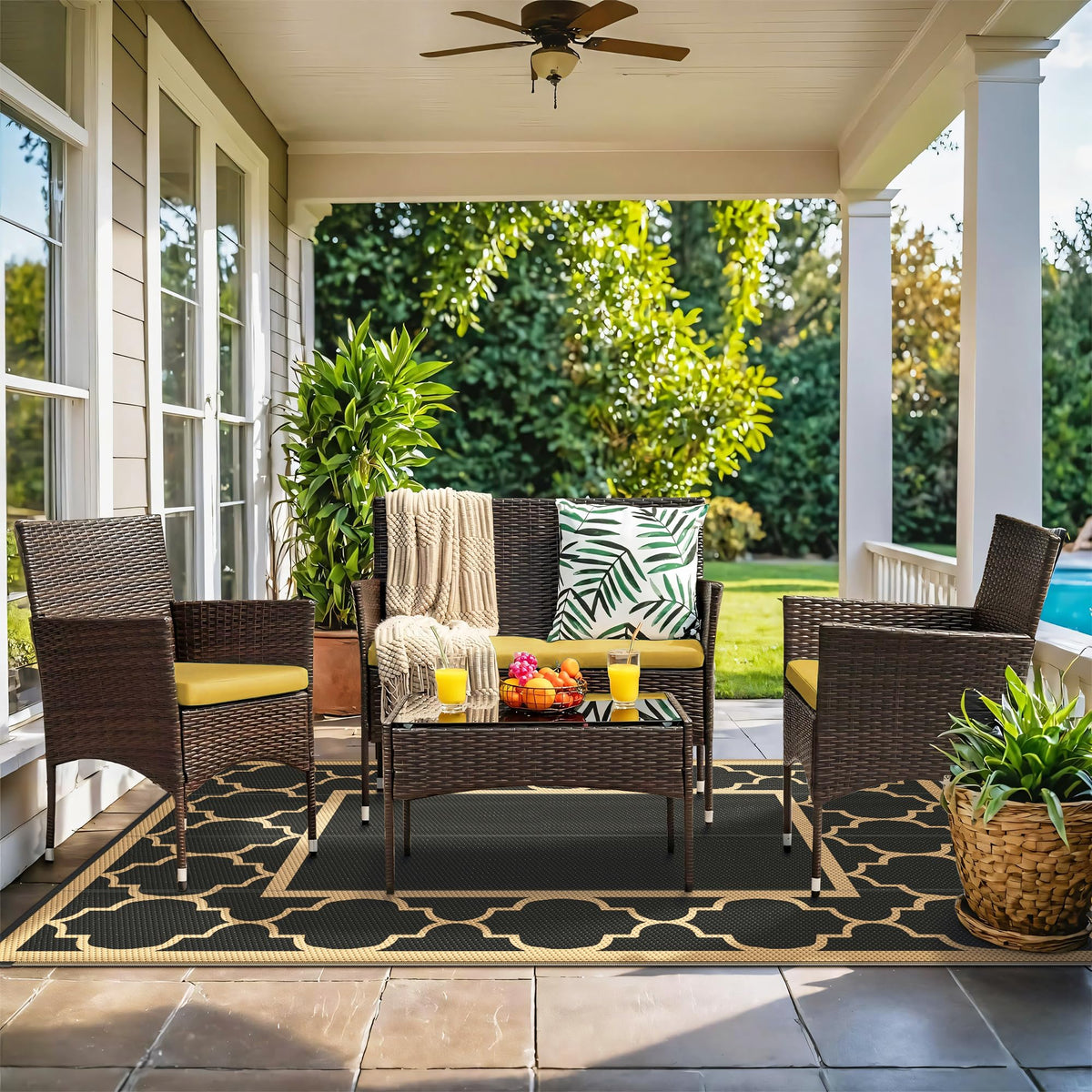 GENIMO stain-resistant rug; easy to clean and maintain outdoors.