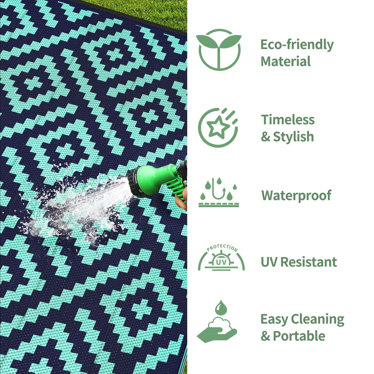 GENIMO outdoor rug stain-resistant surface for easy wipe-clean maintenance.