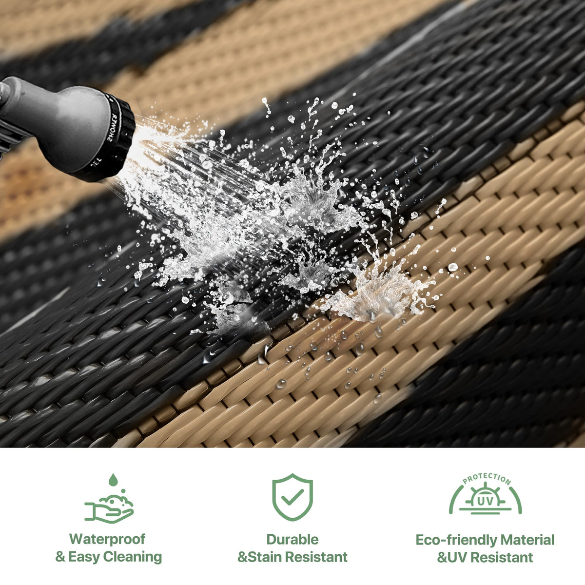 GENIMO rug features UV coating to resist sun fading.