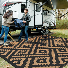 GENIMO 10x10 outdoor rug waterproof in black and brown offers dual patterns for versatile use.