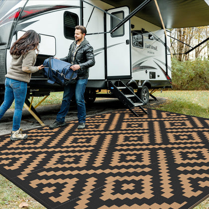 GENIMO 10x10 outdoor rug waterproof in black and brown offers dual patterns for versatile use.