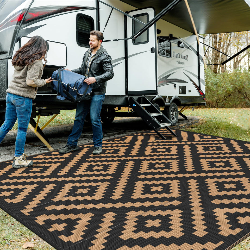 GENIMO 10x10 outdoor rug waterproof in black and brown offers dual patterns for versatile use.