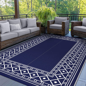 GENIMO outdoor rug waterproof 5x8 blue white flatlay highlights durable patio design