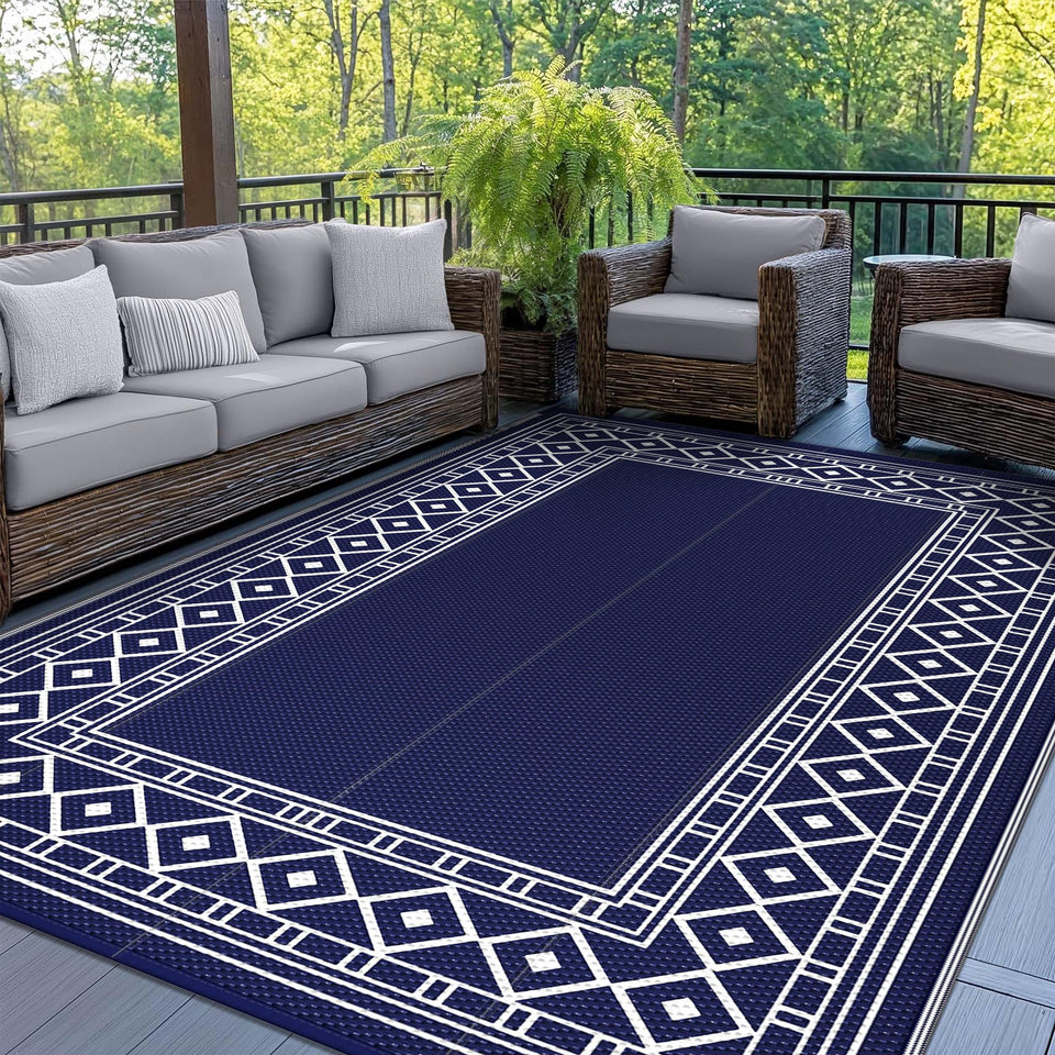 GENIMO outdoor rug waterproof 5x8 blue white flatlay highlights durable patio design