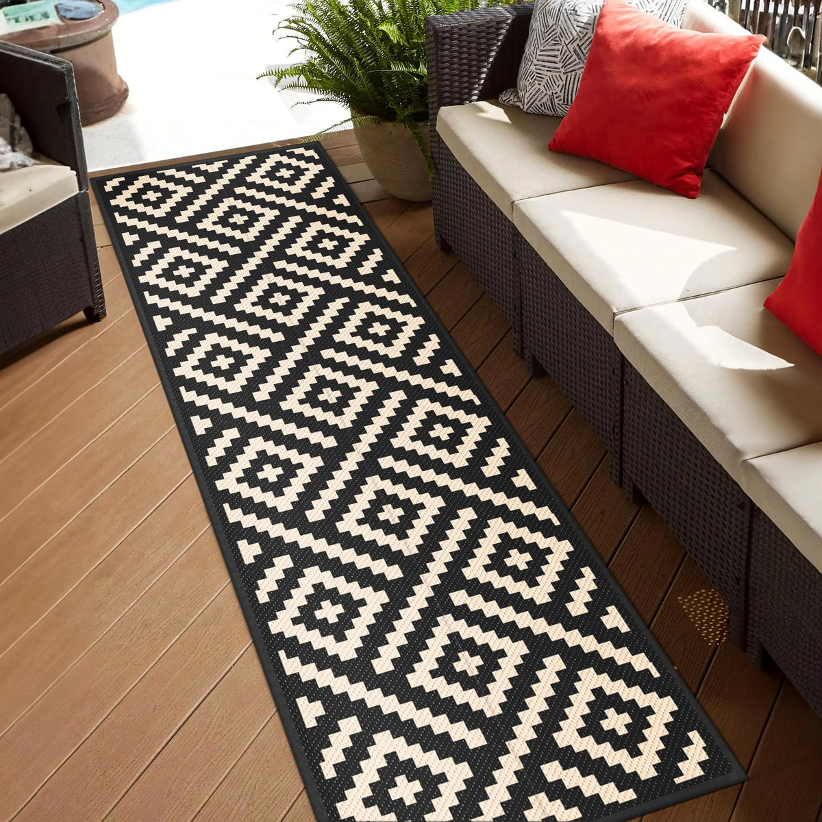 GENIMO outdoor rug with waterproof surface and drainage grid backing.