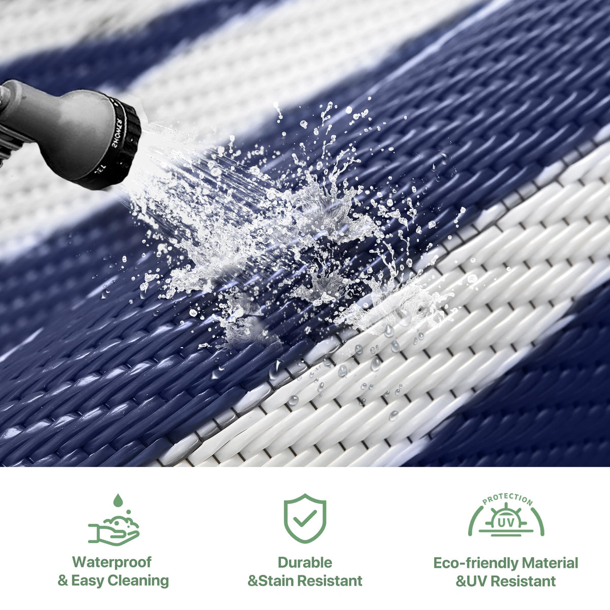 GENIMO outdoor rug is waterproof and quick-drying for damp outdoor use.