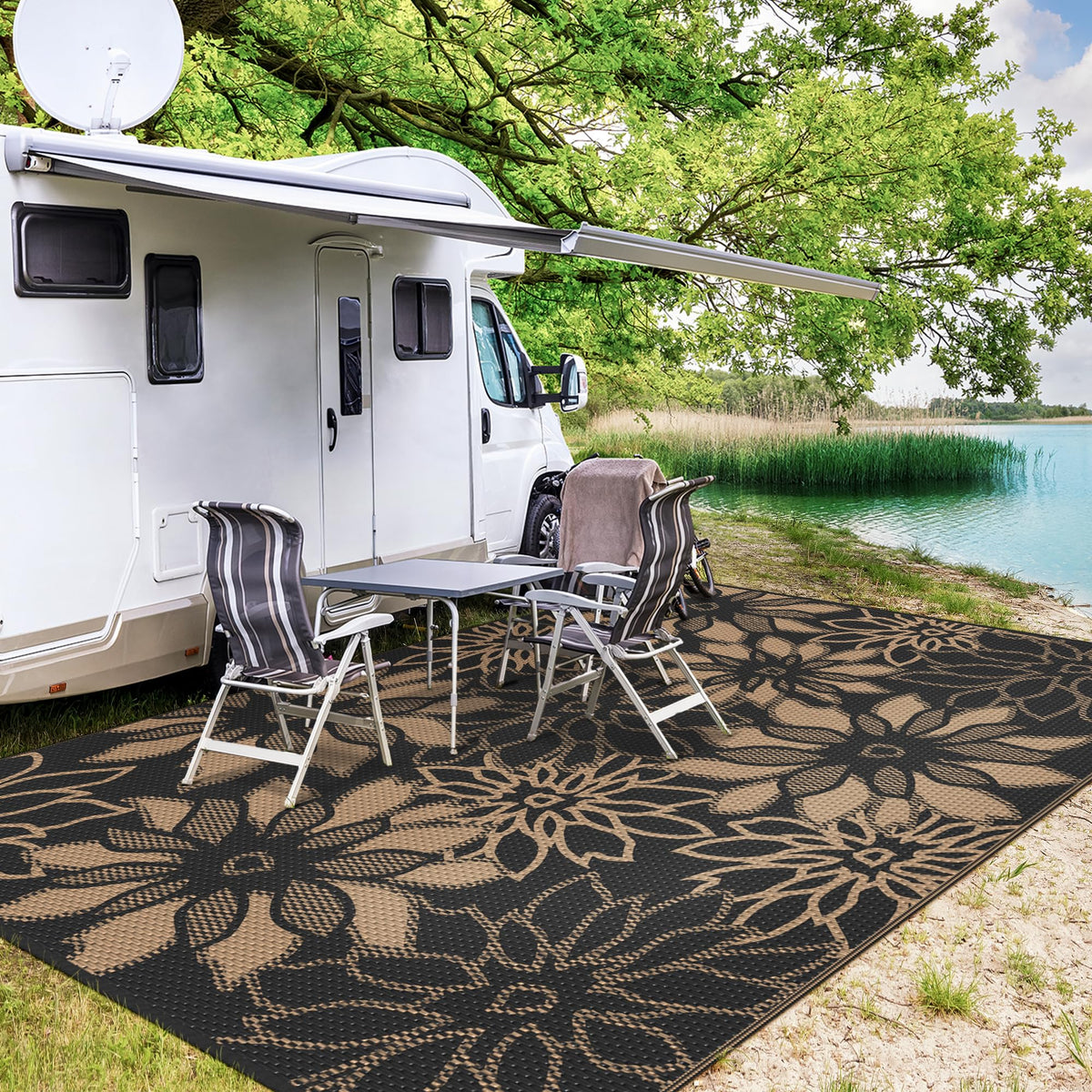 GENIMO outdoor rug back pattern offers two looks in one durable outdoor mat.
