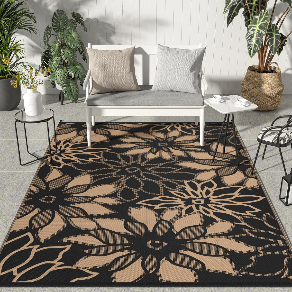 GENIMO outdoor rug front view with double-sided flower pattern for versatile patio styling.
