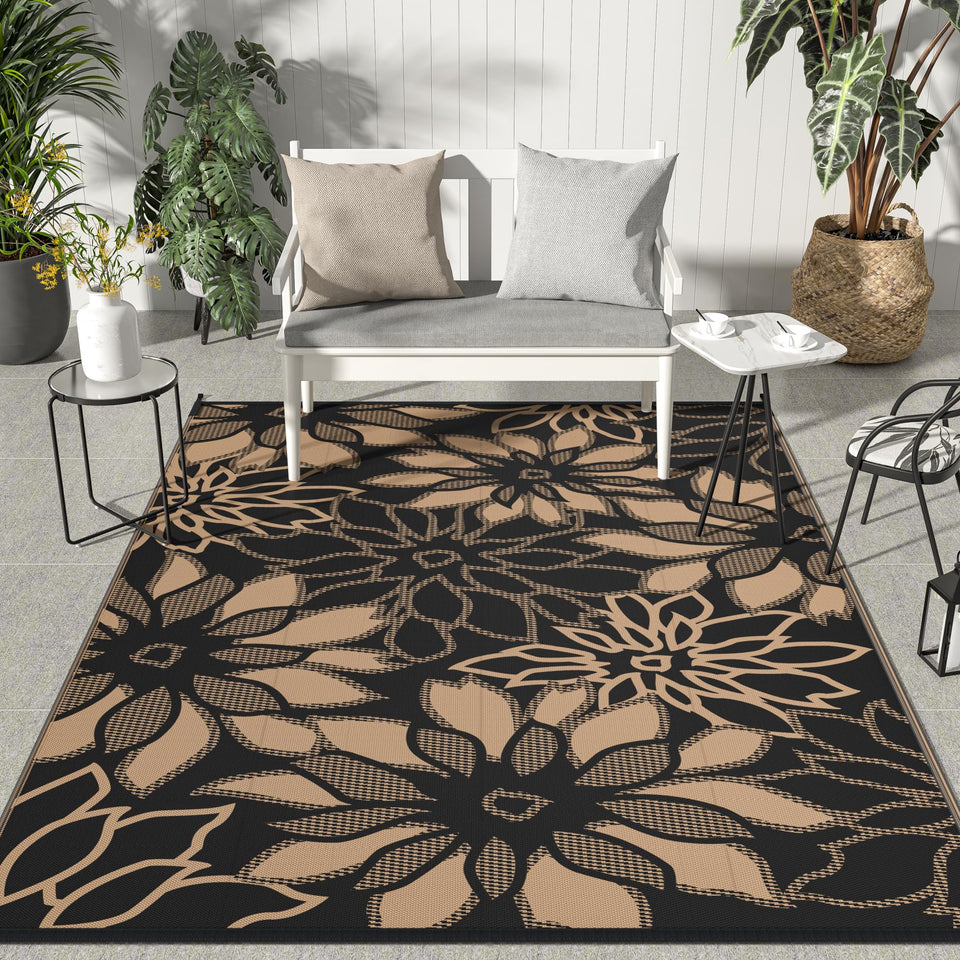 GENIMO outdoor rug front view with double-sided flower pattern for versatile patio styling.