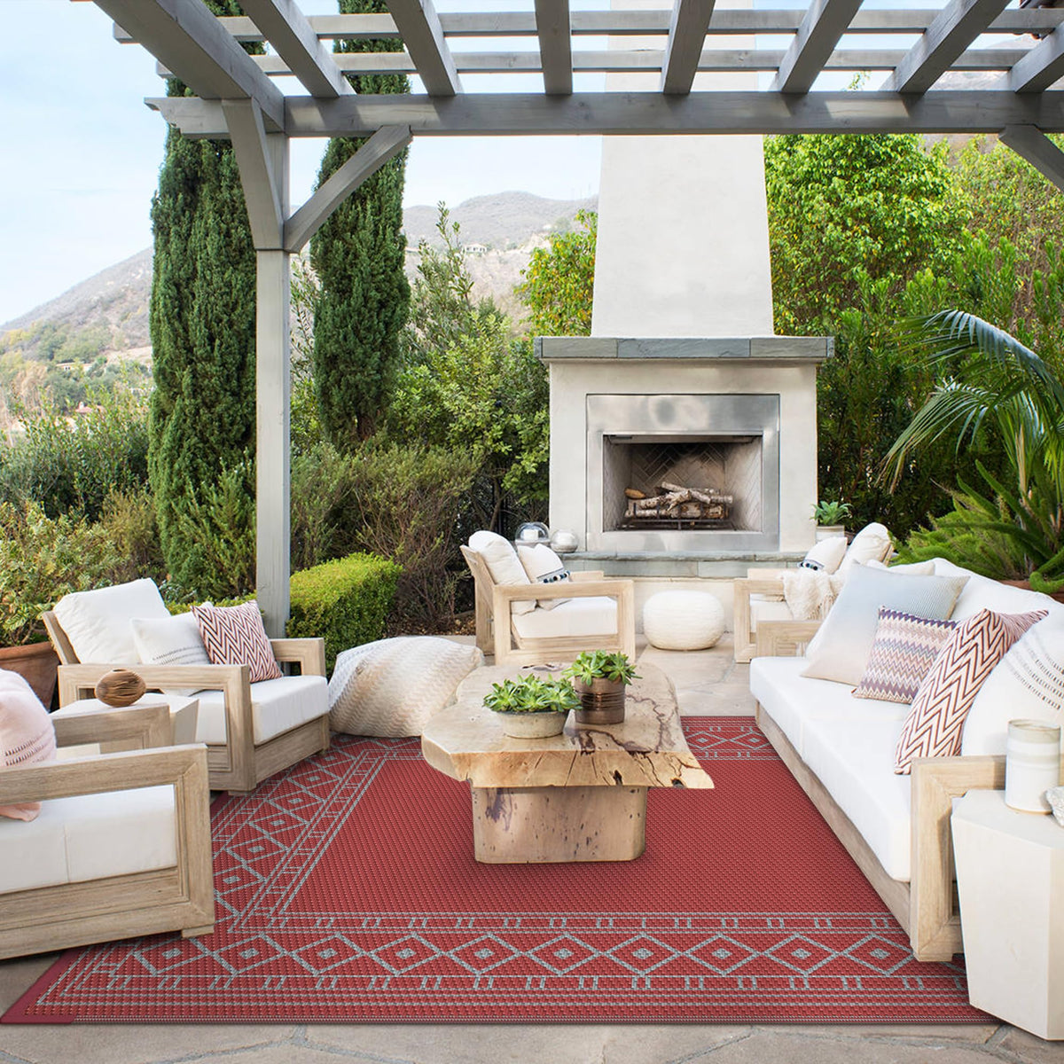 GENIMO outdoor rug shows waterproof, durable polypropylene for outdoor use.