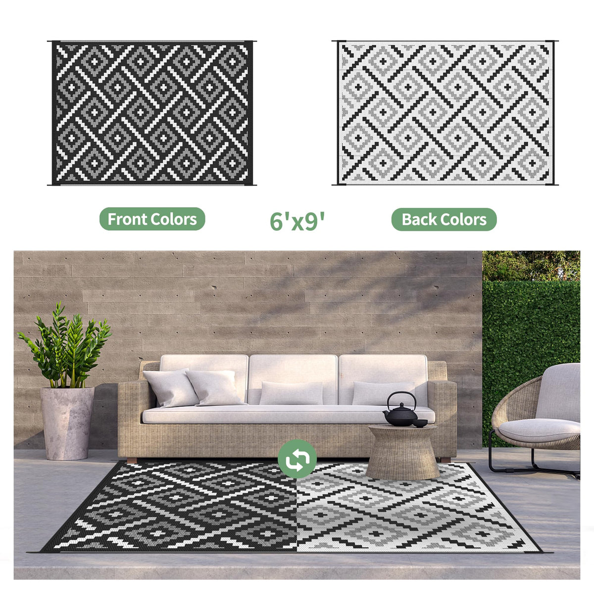 GENIMO outdoor rug waterproof weave withstands rain and spills.