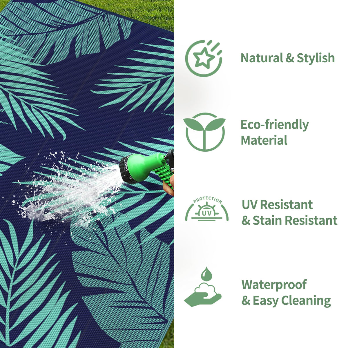 GENIMO rug is weather-resistant for patios, beaches, and year-round outdoor events.