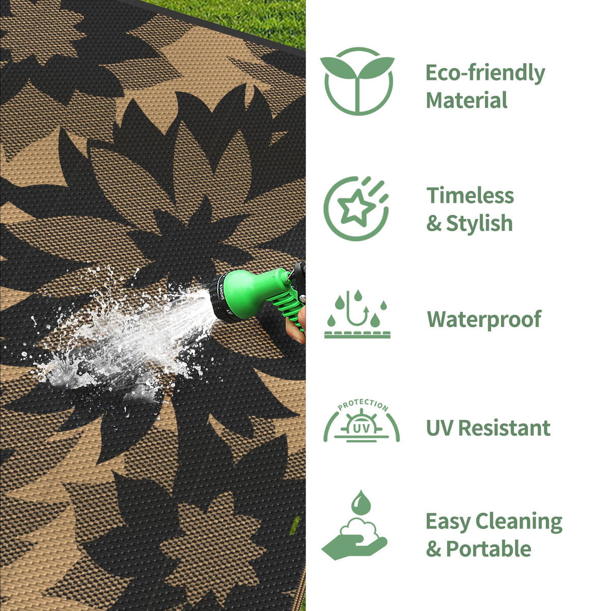 GENIMO versatile outdoor rug fits patio, deck, picnic, and beach scenes.