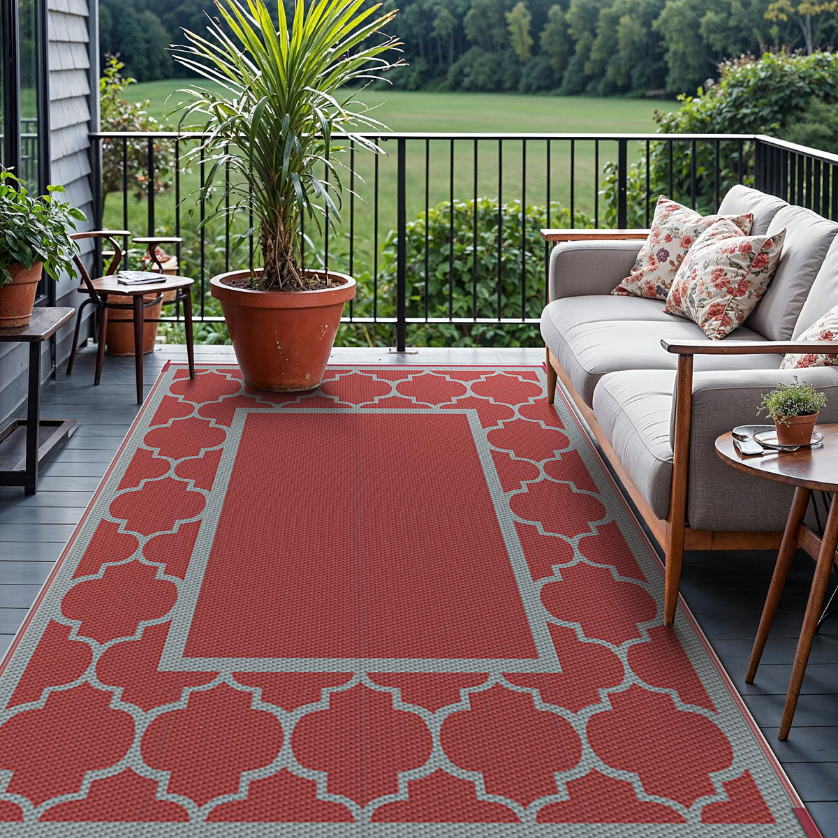 GENIMO patio setup featuring rug coordinating with outdoor furniture