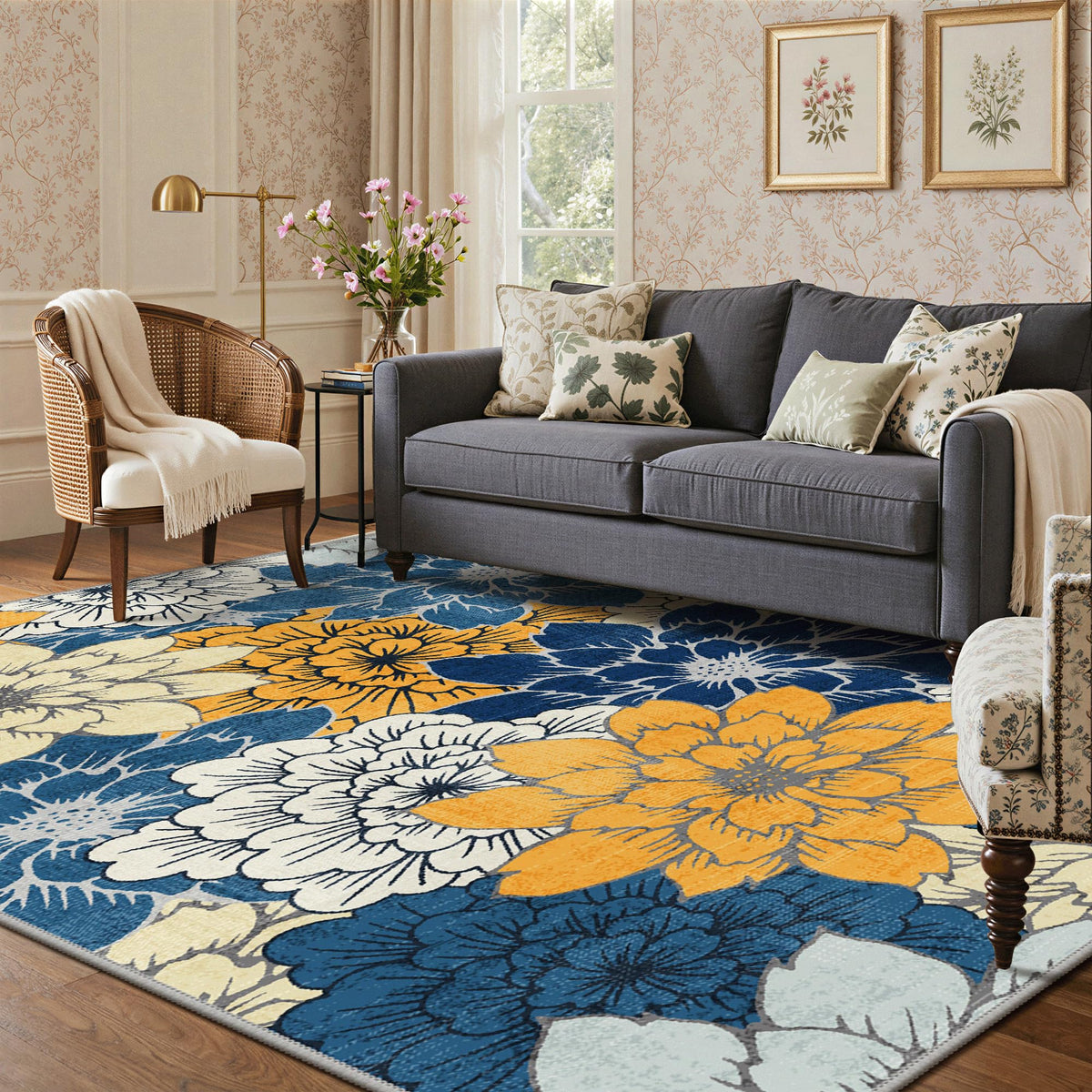 GENIMO pet-friendly navy floral rug combines durability with style