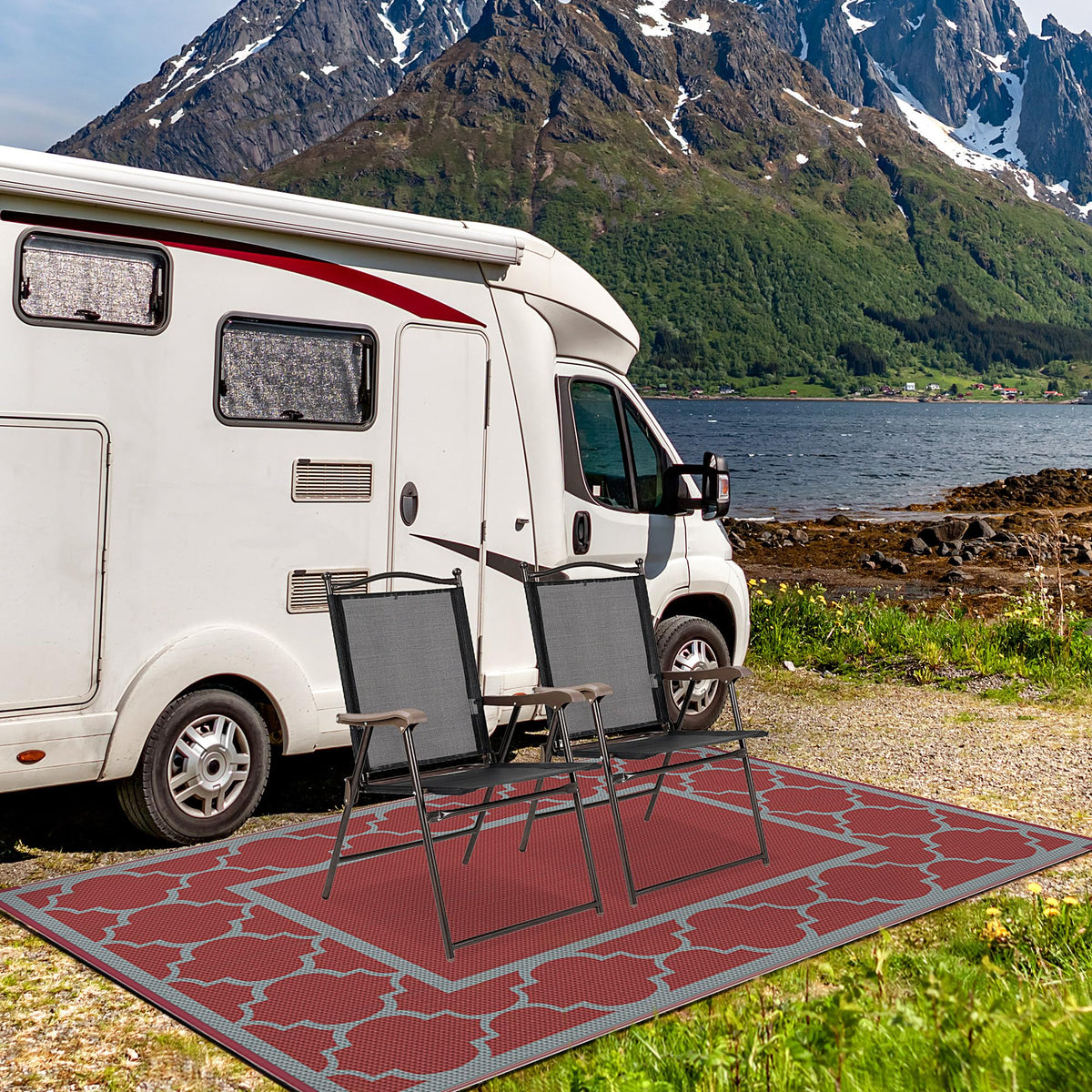 GENIMO portable outdoor rug folds compactly for camping and RV trips