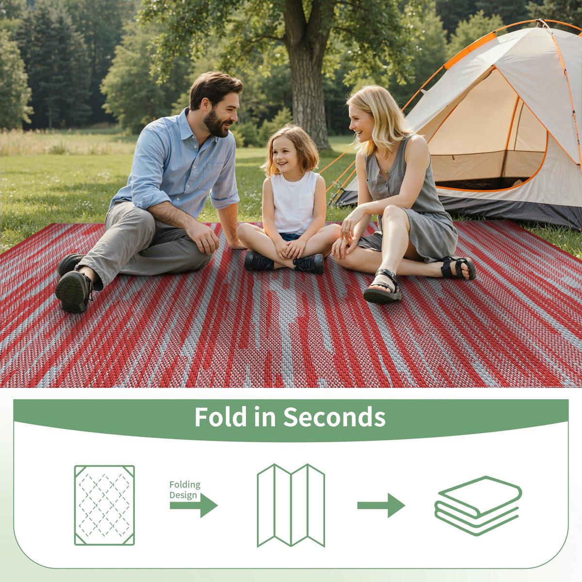GENIMO portable rug with reinforced seams, rollable for RV trips.
