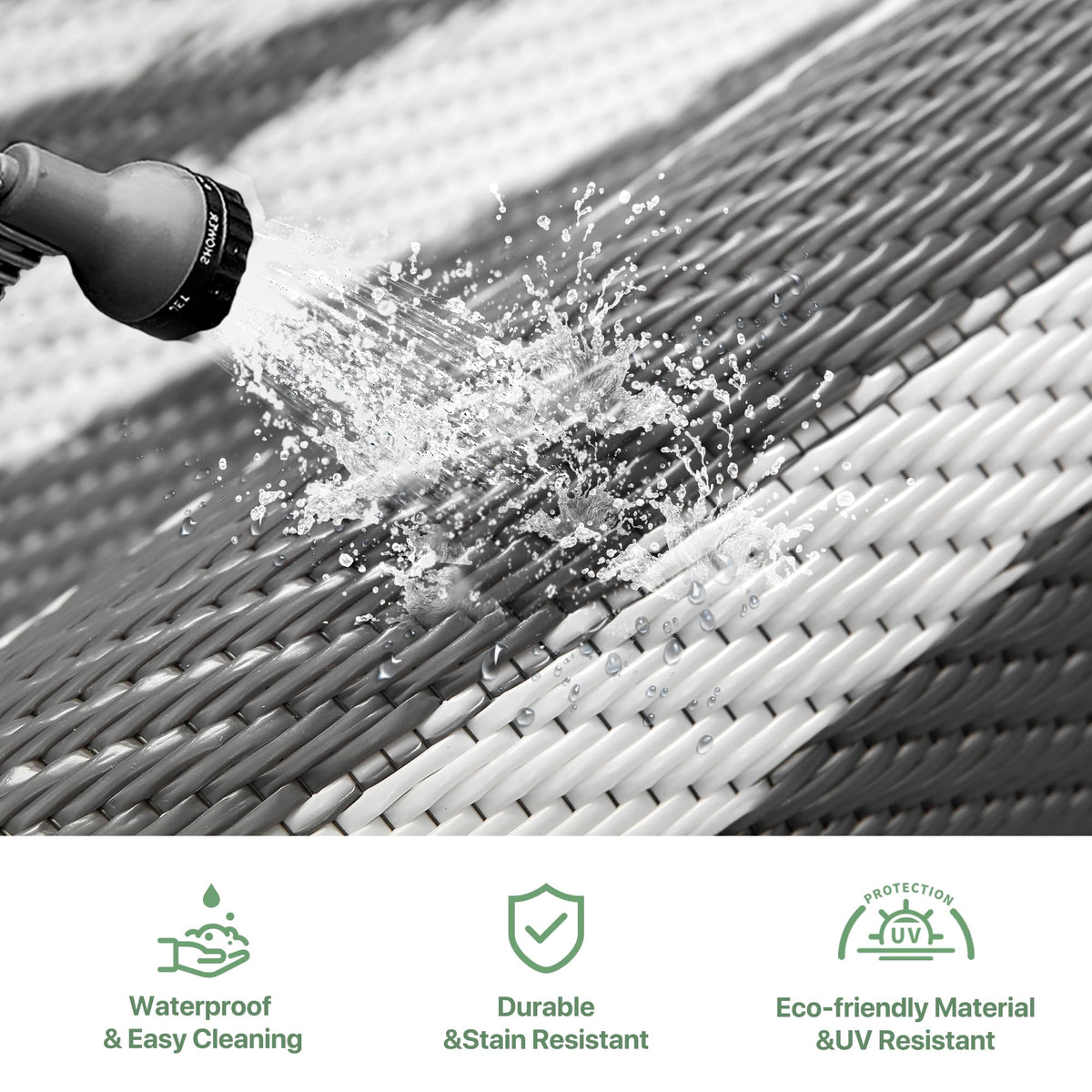 GENIMO quick-dry polypropylene keeps the rug ready after outdoor use