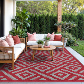 GENIMO outdoor rug in red grey colorway suitable for decks and patios