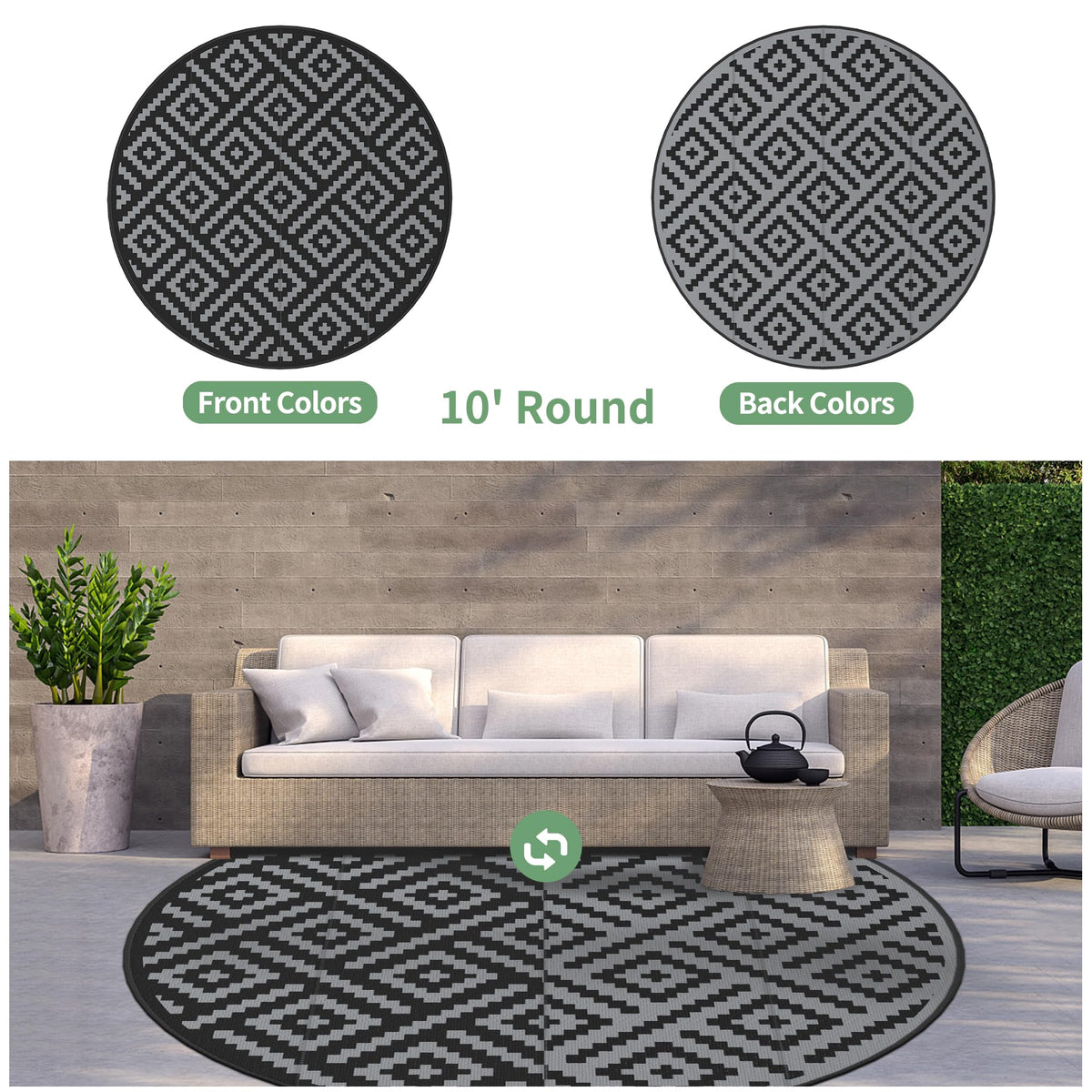GENIMO reversible geometric-pattern outdoor rug for balcony or deck.