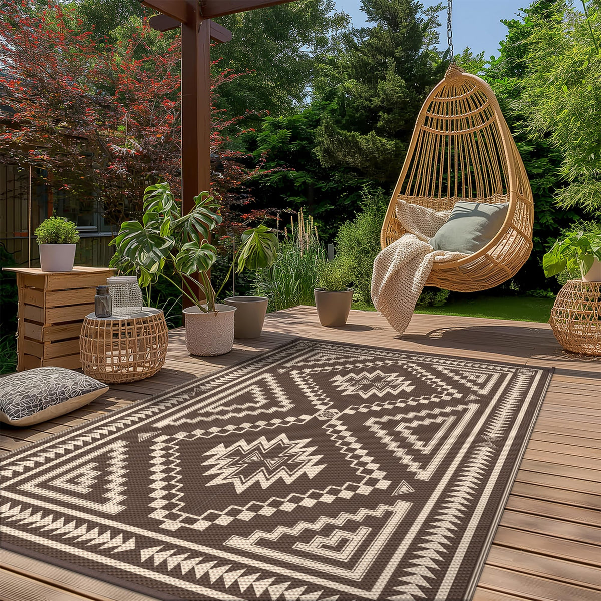 GENIMO reversible geometry pattern rug offering two looks to match outdoor décor.