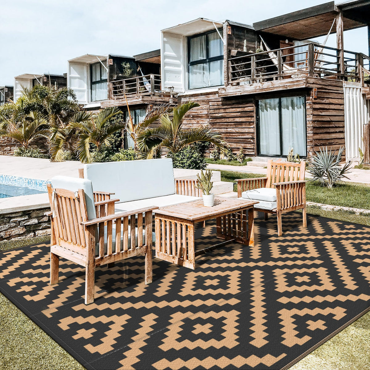 GENIMO reversible rug with dual patterns conceals dirt during outdoor gatherings.