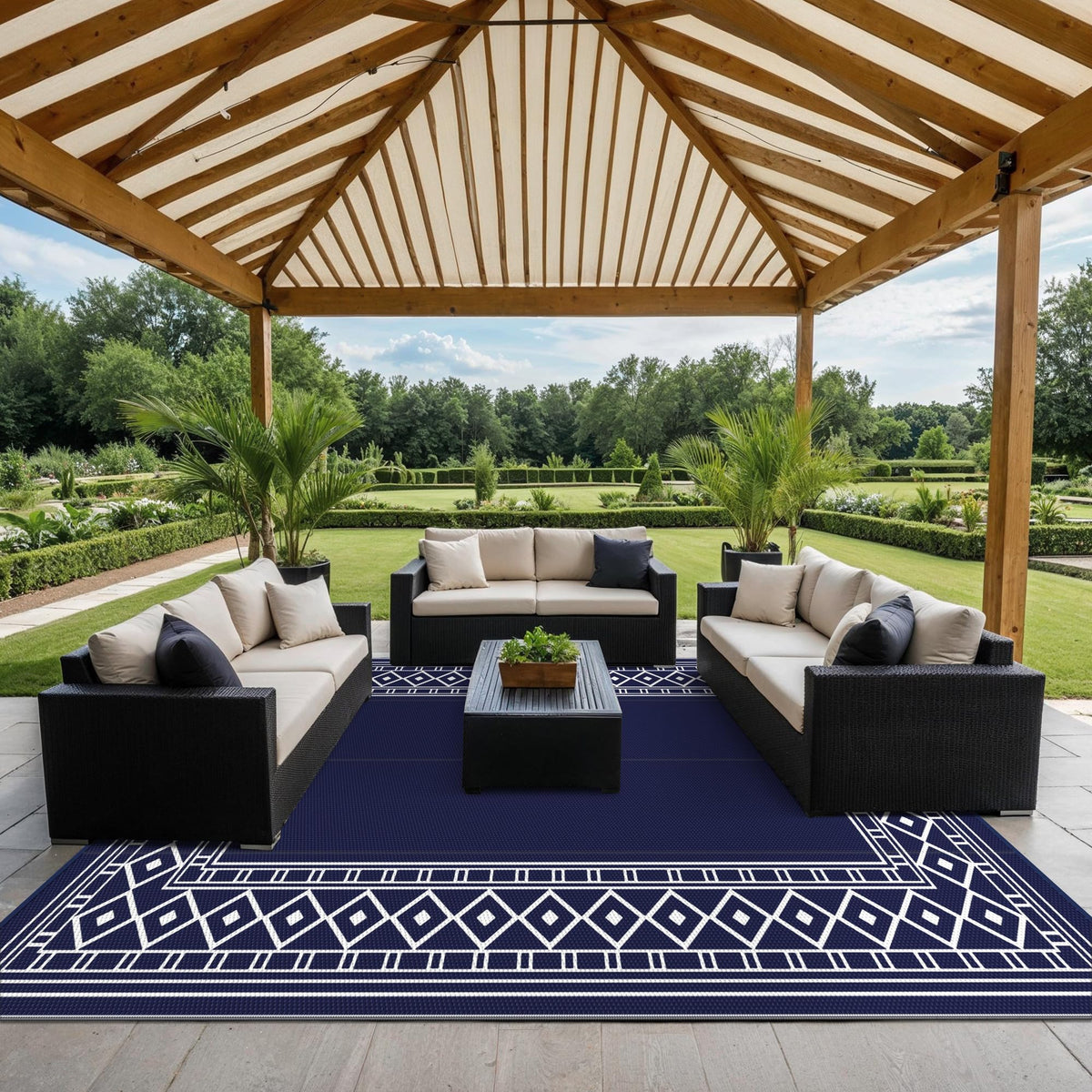 GENIMO rug center rectangle focus enhances table setup on balconies.