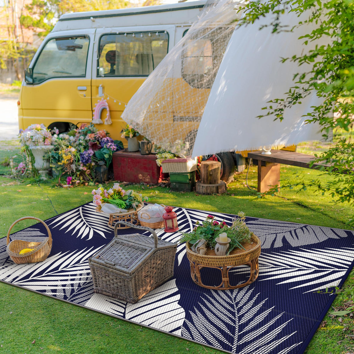 GENIMO RV camping rug folds flat for easy transport.