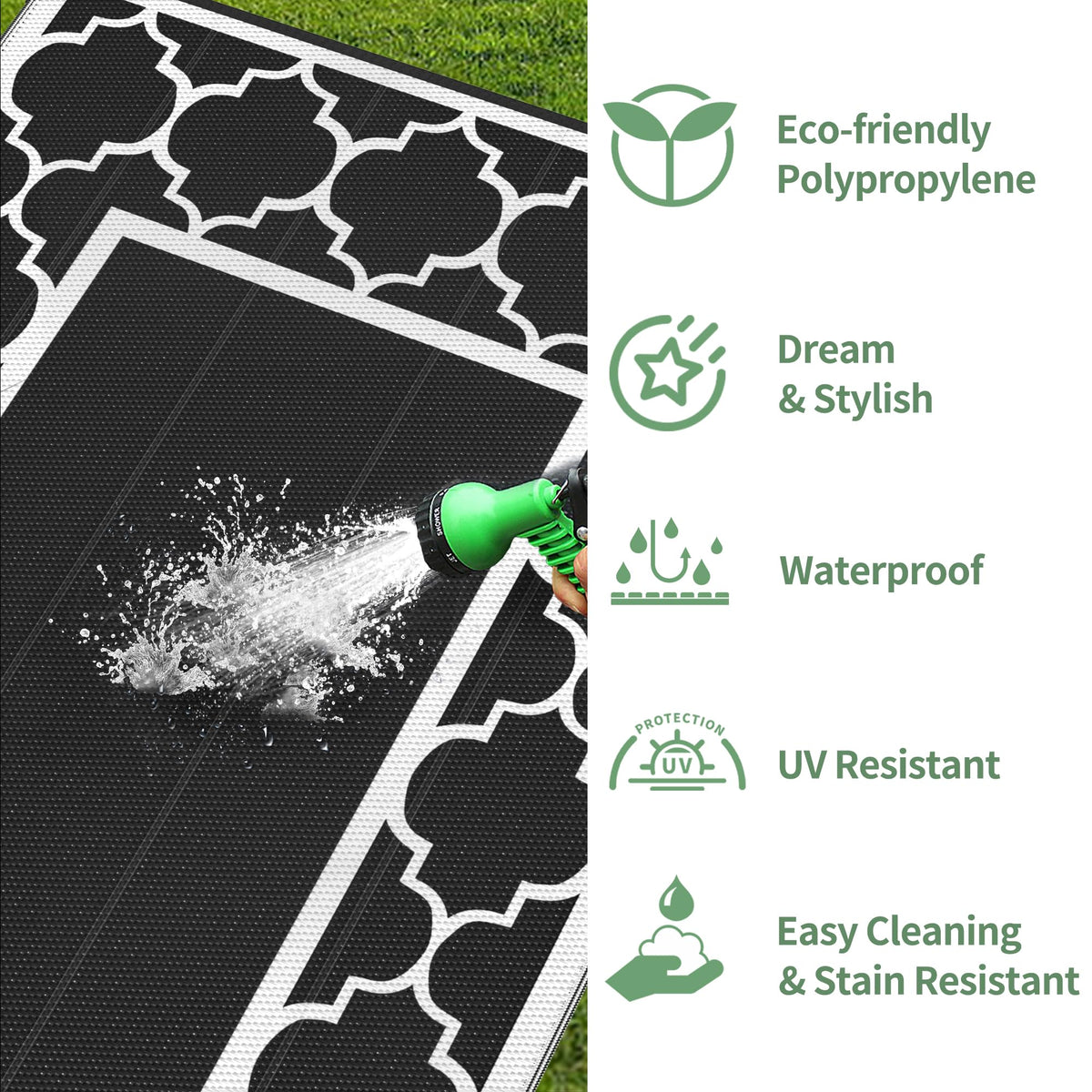 GENIMO upgraded polypropylene rug ensures breathability and quick-drying outdoors.
