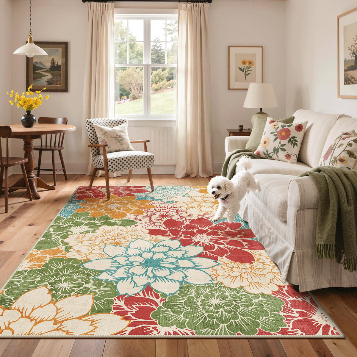 GENIMO UV-resistant floral design rug maintains color in sun-exposed spaces.