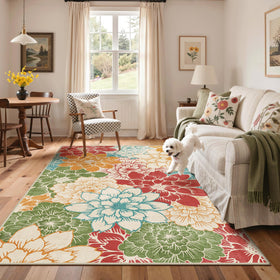 GENIMO UV-resistant floral design rug maintains color in sun-exposed spaces.
