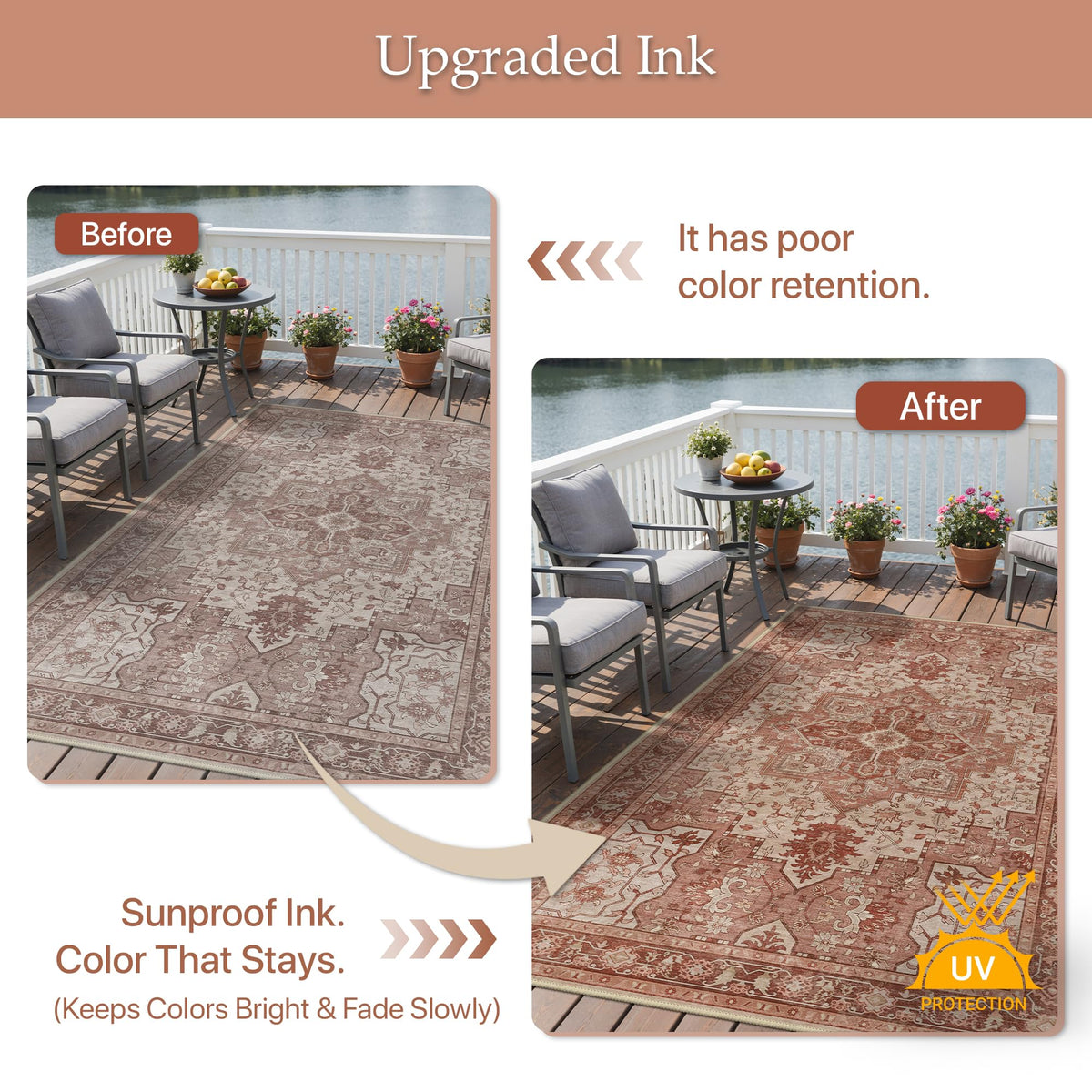 GENIMO UV-resistant inks preserve vibrant colors in sunlit patios and decks.