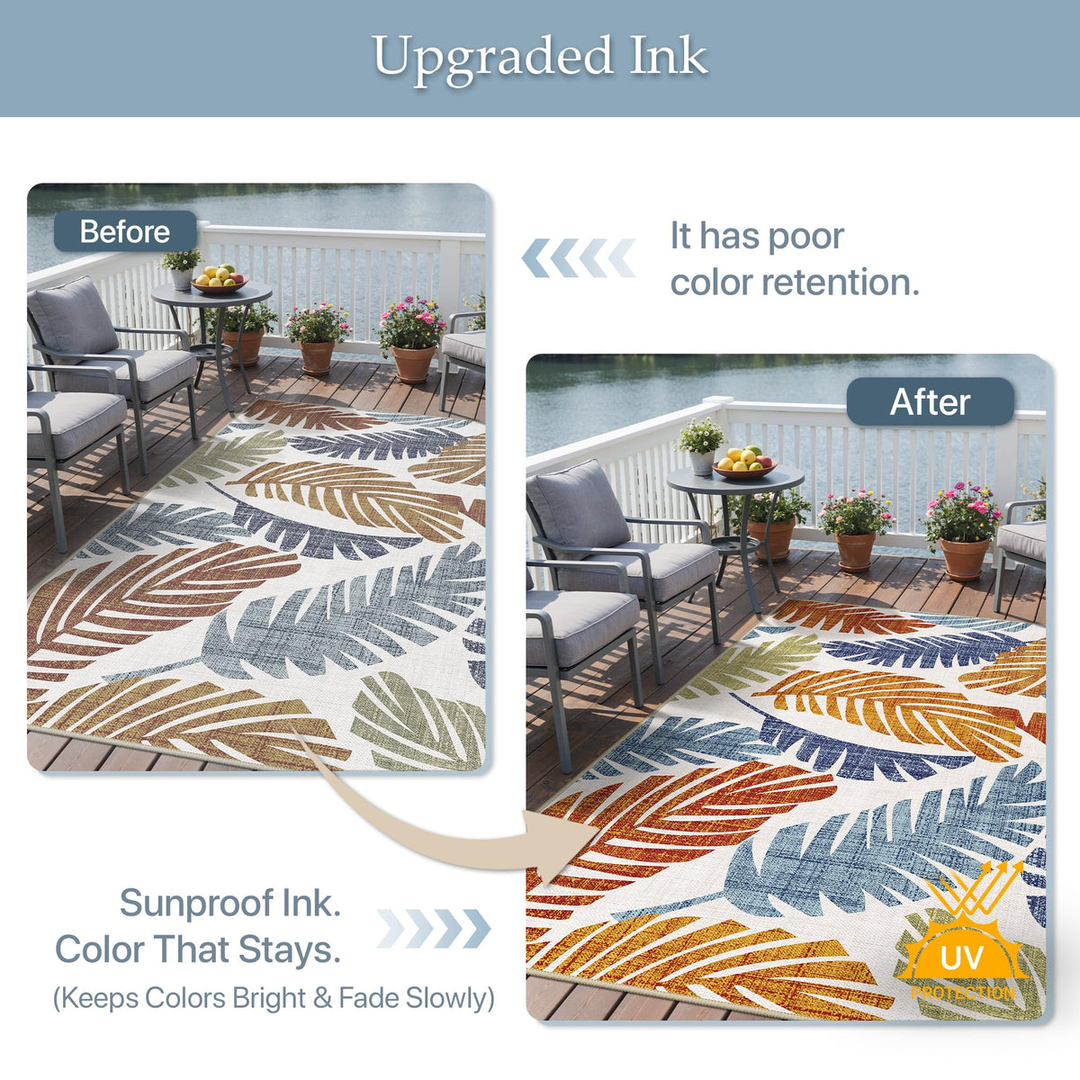 GENIMO UV-resistant inks keep colors vibrant under direct sunlight.