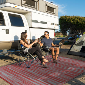 GENIMO weatherproof rug, protective coating withstands heat and wind.