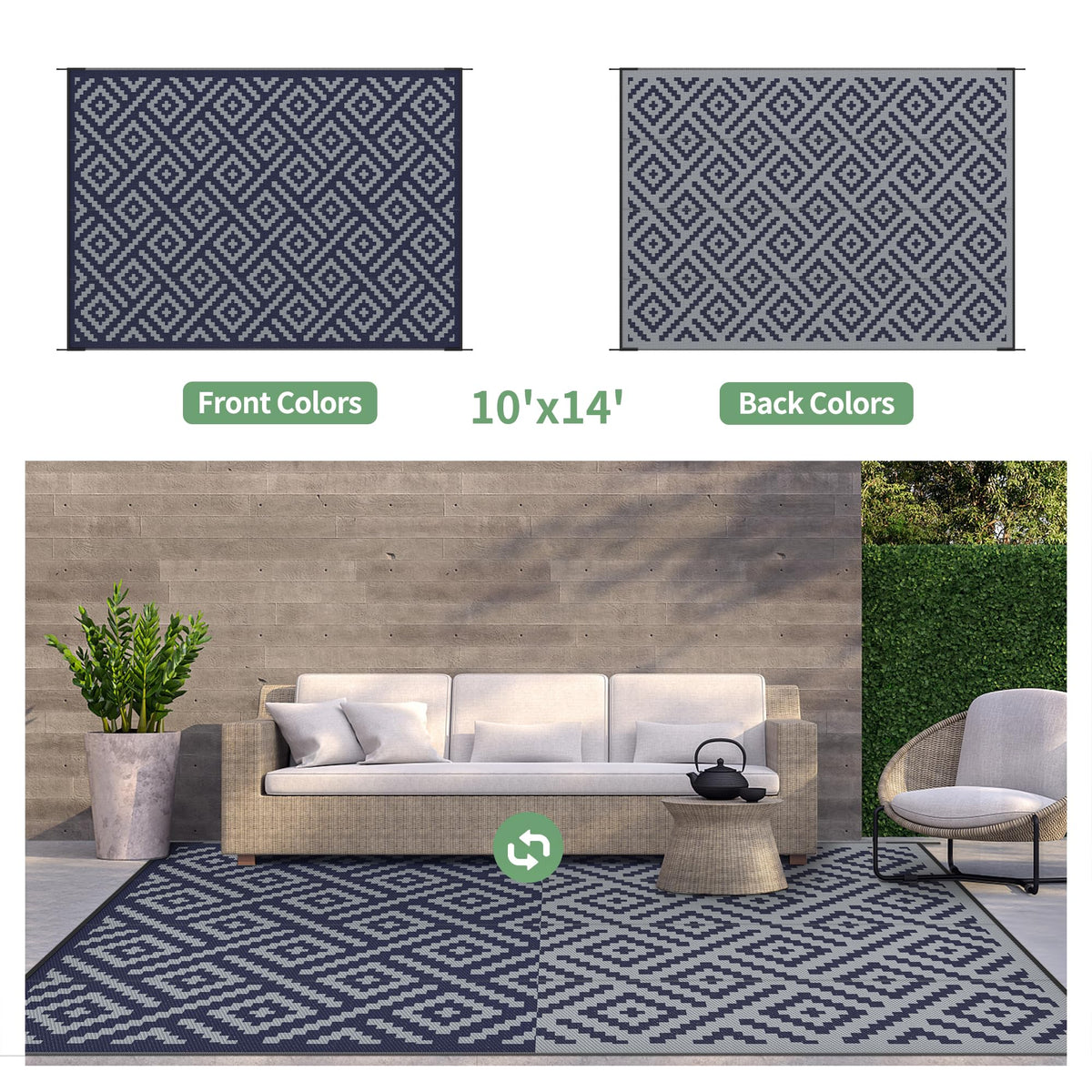 GENIMO weatherproof coating protects the rug from heat and wind on decks.