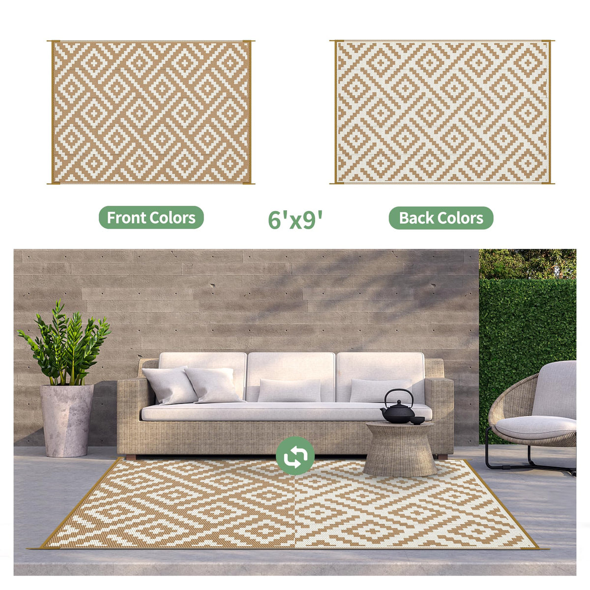 GENIMO weatherproof rug with non-slip grid backing drains rain and debris.