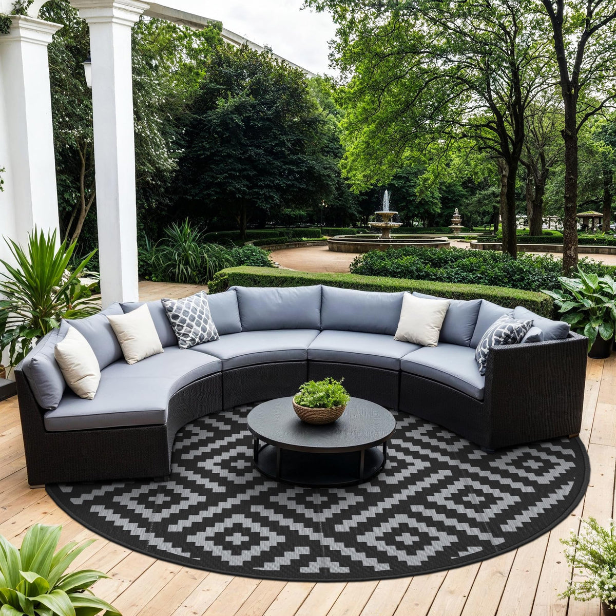 GENIMO weatherproof rug suitable for RV trips and camping with slip-resistant backing.