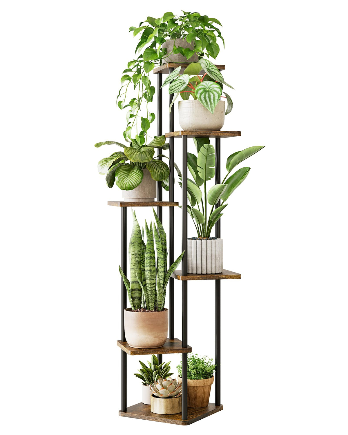 GENTINGBRO corner plant stand 6-tier in brown oak boosts vertical greenery in small spaces.
